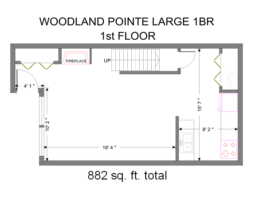Floor plan for 1 bed, 1 bath, 882 sqft